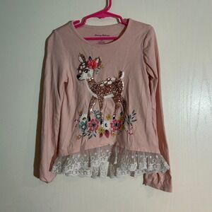 Tommy Bahama Girls Top‎ Size S (5/6) Pink Deer Long Sleeve Lace Hem